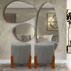 Kit 2 Puffs Banquetas Thor Pés De Madeira Maciça Linho Cinza