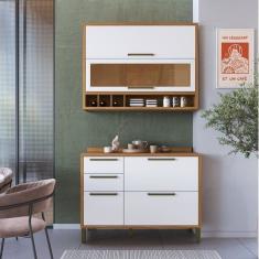 Cozinha Compacta 120cm com 2 Peças Vidro Reflecta e 3 Gavetas 100% Mdf Vicenza Espresso Móveis Amêndoa/Branco