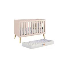 Berço Americano Theo Rosa Fosco Com Pés Madeira Natural E Colchão D18 - Reller Móveis Rosa Fosco