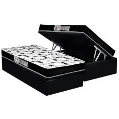 Cama Box Baú Solteiro: Colchão Espuma Luckspuma D23 Roland Garros Pro + Base CRC Suede Black(88x188)