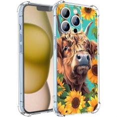 QHFTREX Capa de telefone compatível com iPhone 15 Plus, vaca Highland com girassóis, capa de telefone ocidental, design para iPhone capa masculina e feminina, capa legal de silicone macio para iPhone