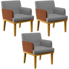 Kit 03 Poltronas Decorativas Sala Estar Beatriz W01 Linho Cinza Escuro