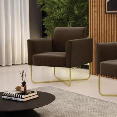 Poltrona Sala Decorativa Marisa Aço Industrial X Dourado Suede Marrom 