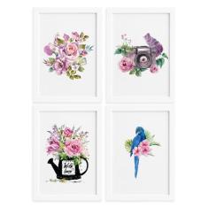 Quadros para Sala Flores Aquarela Moldura Branca 22x32cm 4un - Quartin