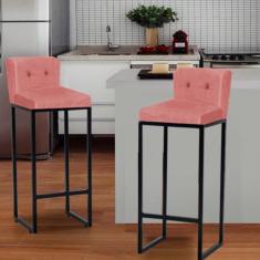 Kit 02 Banqueta Alta C Encosto Luca Industrial Bar Balcão Bistrô Ferro