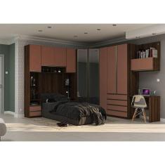 Guarda Roupa Solteiro de Canto Vidro Reflecta com Escrivaninha Nogueira Gaia Prime Luciane Móveis