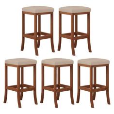 Kit 5 Banquetas Alta Estofada Barcelona 38x74Cm Bancada Bar Madeira Ma