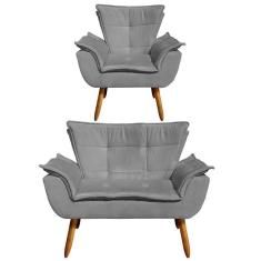 Kit Namoradeira 2 Lugares E 1 Poltrona Decorativa Pés Palito Opla Suede Grafite - Ibiza