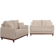 Kit Sofa Sena 2 E 3 Lugares Base De Madeira Para Sala Hotel Linho Palha
