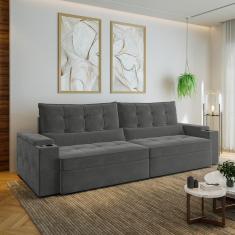 Sofá Retrátil e Reclinável com Porta Copos e Usb 4 Lugares 300cm Embaúba Extra Cabecasa Madeiramadei Grafite Fosco