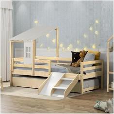 Bicama Solteiro Infantil Prime Telhadinho Ii e Escadinha/escorrega Natural/branco