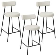 Kit 03 Banquetas Baixa Para Cozinha Sala De Jantar Bancada Milão L02 Linho Champagne