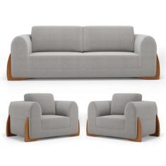 Kit 02 Poltronas e 01 Sofá Bloom 180cm 02 Lugares com Pés de Madeira B