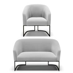 Sofá Namoradeira E 2 Poltronas Base Industrial Preto Stella Suede Cinza D03 - D'rossi