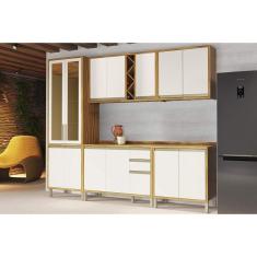 Cozinha Modulada Completa Tempranillo 5 Peças 2 Aéreos + 2 Balcões+ Cristaleira C5p81 Amendoa Off White Ronipa