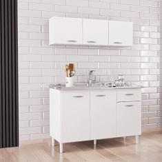 Cozinha Compacta 2 Peças Balcão para Pia 3 Portas 1 Gaveta com Armário Aéreo 3 Portas Poquema Móveis Branco