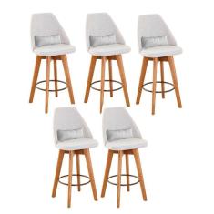 Kit 05 Banquetas Alta Maya Giratória Com Encosto Linho Bege Claro e Almofada Suede Branco - Aurora Line
