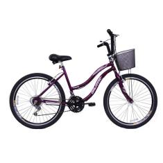 Bicicleta Feminina 26 Beach Violeta de 18 Velocidades com Aros duplos, Pneus Slik e Cesta- Dalannio Bike