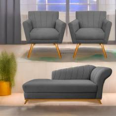 Kit Diva Recamier Vanessa 140Cm Lado Esquerdo E 02 Poltronas Laura Suede Cor Cinza