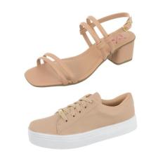 Kit Sandália Salto Bloco Tiras Duplas + Tênis Casual Básico Retrô Nude
