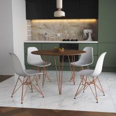 Mesa De Jantar Redonda 90Cm Amêndoa Clips 3 Pés Com 4 Cadeiras Brancas Base Cobre Cor: Amendoa