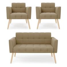 Kit 1 Sofá Namoradeira E 2 Poltronas Elisa Suede Marrom Rato Pés Palito Natural - D`rossi