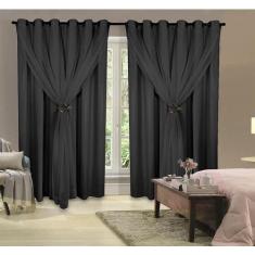 Cortina Corta Luz 3,00m X 2,80m 100% Blackout Com Voil Preto Para Sala
