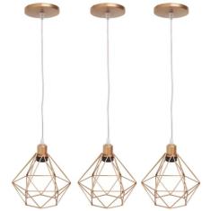 Kit 3 Pendente Aramado Diamante Luminárias Lustre Cabo Cristal P Teto 