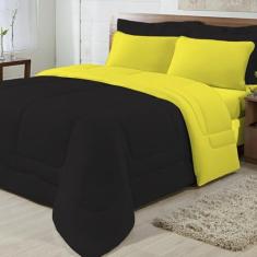 Edredom Solteiro Dupla Face Malha 100% Algodão 1 peça - Preto/Amarelo 