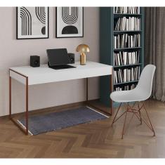 Escrivaninha Industrial Escritório Branca 137X53Cm Malta Com 1 Cadeira Branca Base Cobr Cor: Branco