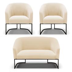 Sofá Namoradeira E 2 Poltronas Base Industrial Preto Stella Suede D03 - D'rossi Cor Bege