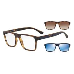 Emporio Armani Armação masculina Ea4115 para óculos de grau com dois clipes de sol intercambiáveis retangulares, Havana fosco/transparente/gradiente marrom/azul espelhado, 54 mm