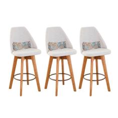 Kit 03 Banquetas Bege Claro E Almofada Folhas