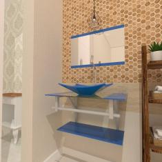 Gabinete de Vidro 60cm Inox com Cuba Retangular Azul