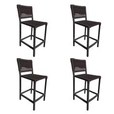 Kit 4 Banquetas França em Corda Náutica e Base em Alumínio Preta para Área Gourmet Marrom 