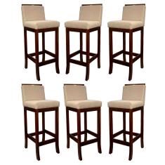 Kit 6 Banquetas Alta para Cozinha Gourmet Turim Madeira Castanho Linho Bege CCS