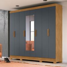 Guarda Roupa Casal com 8 portas com espelho 4 gavetas Freijo / Cinza Diplomata - Moval