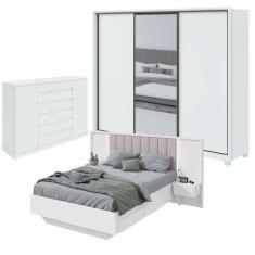 Quarto com Guarda-Roupa com Espelho 3 Portas 6 Gavetas, Cômoda 2 Portas 7 Gavetas e Cama Solaris Branco