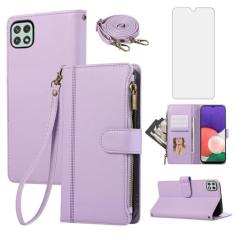 Asuwish Capa de celular para Samsung Galaxy A22 5G com zíper carteira celular com protetor de tela de vidro temperado alça transversal cordão suporte para cartão de crédito couro A 22 22A A22s G5