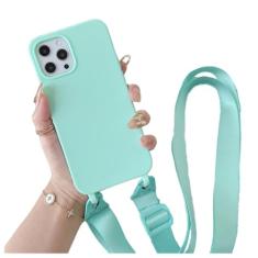 Capa de silicone fosco com alça de colar crossbody para iPhone 15 14 Pro Max 11 12 13 Mini XR X XS 7 8 Plus SE Capa à prova de choque, azul menta, para iPhone 14 ProMax