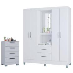 Cômoda 867 4 Gavetas com Guarda Roupa Solteiro Córdoba 4 Portas Branco Brilho - Poquema