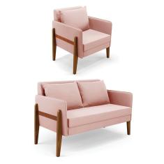 Kit 1 Sofá Namoradeira E 1 Poltrona Lana Veludo Base De Madeira - D`rossi Cor Rose