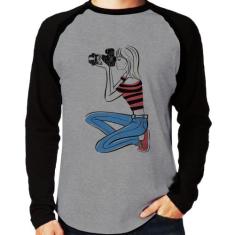 Camiseta Raglan Fotógrafa Art Manga Longa - Foca na Moda, Cinza, Preto