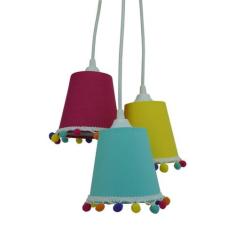 Lustre Pendente Luminária Quarto Infantil 3 Cores e Pompons Coloridos 