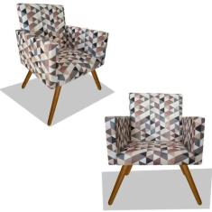 Kit 02 Poltronas Decorativa Nina Pés Madeira Suede Triangulos Bege - J
