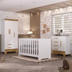 Quarto de Bebê com Guarda Roupa 3 Porta 2 Gavetas Cômoda 4 Gavetas 1 Porta e Berço 3 em 1 Catavento Maya Rodial