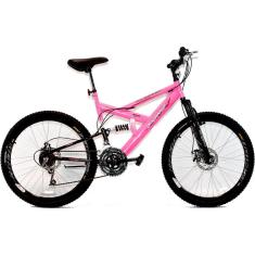 Bicicleta Aro 26 MTB 18V Full Suspention Duplo Freio a Disco Max 260 Pink-Unissex