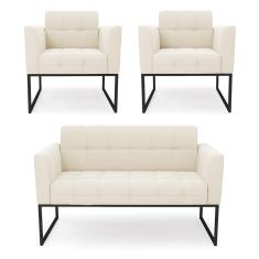 Kit 1 Sofá Namoradeira e 2 Poltronas Elisa Veludo Bege Base Metálica Industrial Preto D03 - D'Rossi