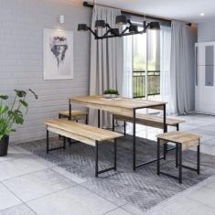 Conjunto Mesa Jantar 6 Lugares Industrial 2 Bancos 2 Banquetas Aço Act