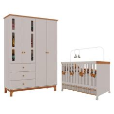 Berço Americano Mini Cama com Guarda Roupa Infantil Antonella 4 Portas Off White Caramelo - Canaã